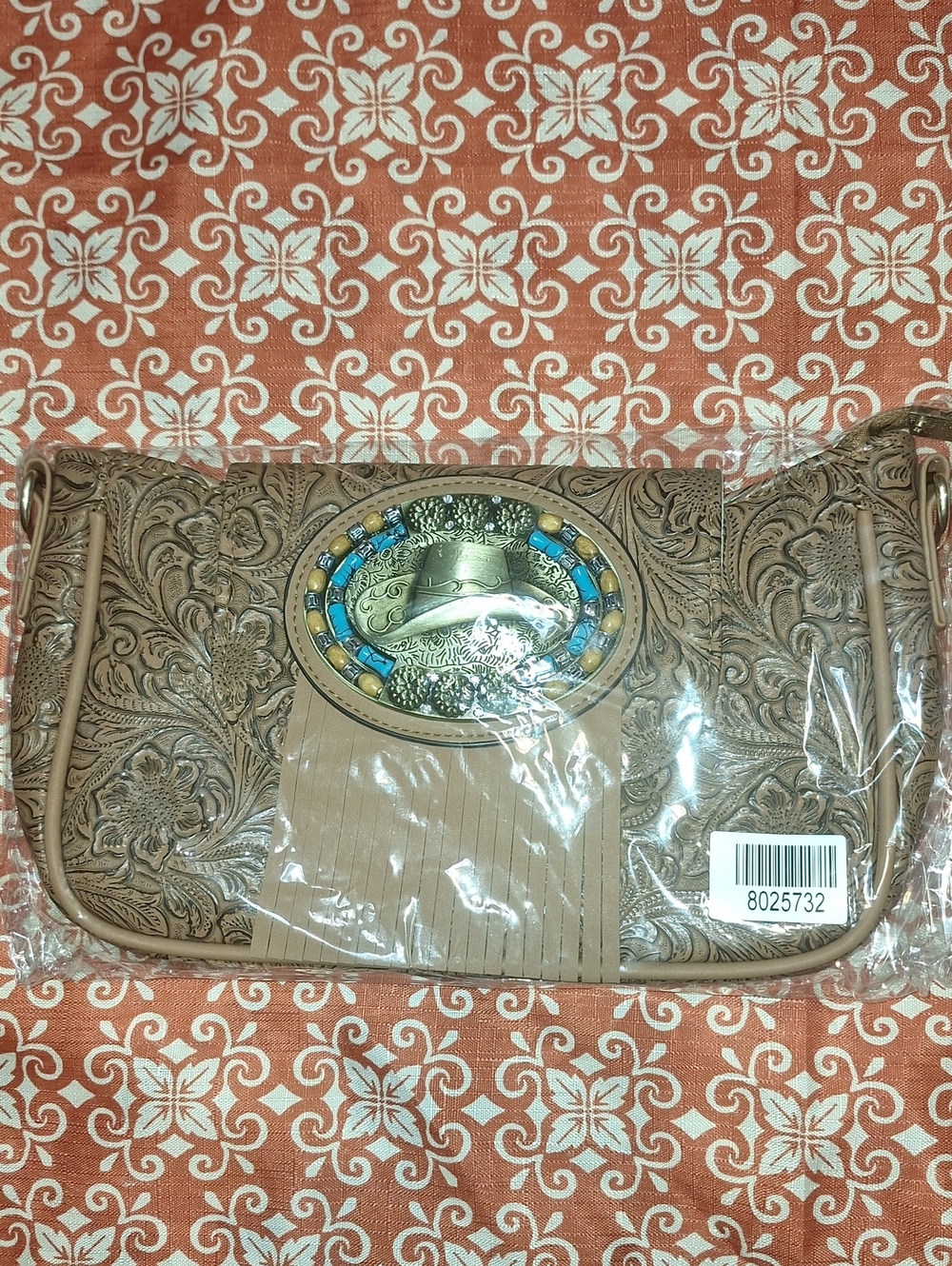 Embossed Floral Western Clutch Bag in Tan